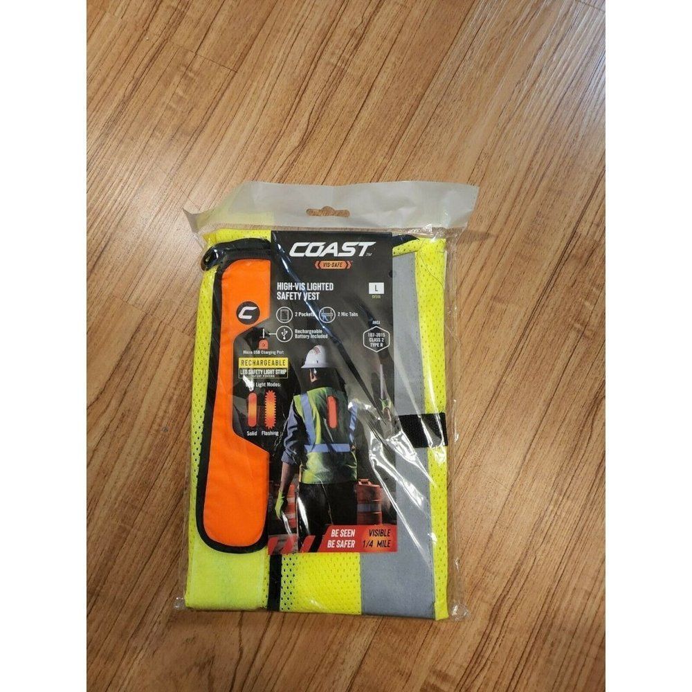Coast Vis-Safe Lighted Safety Vest Yellow LED Light Strip Size Large 2 Pockets